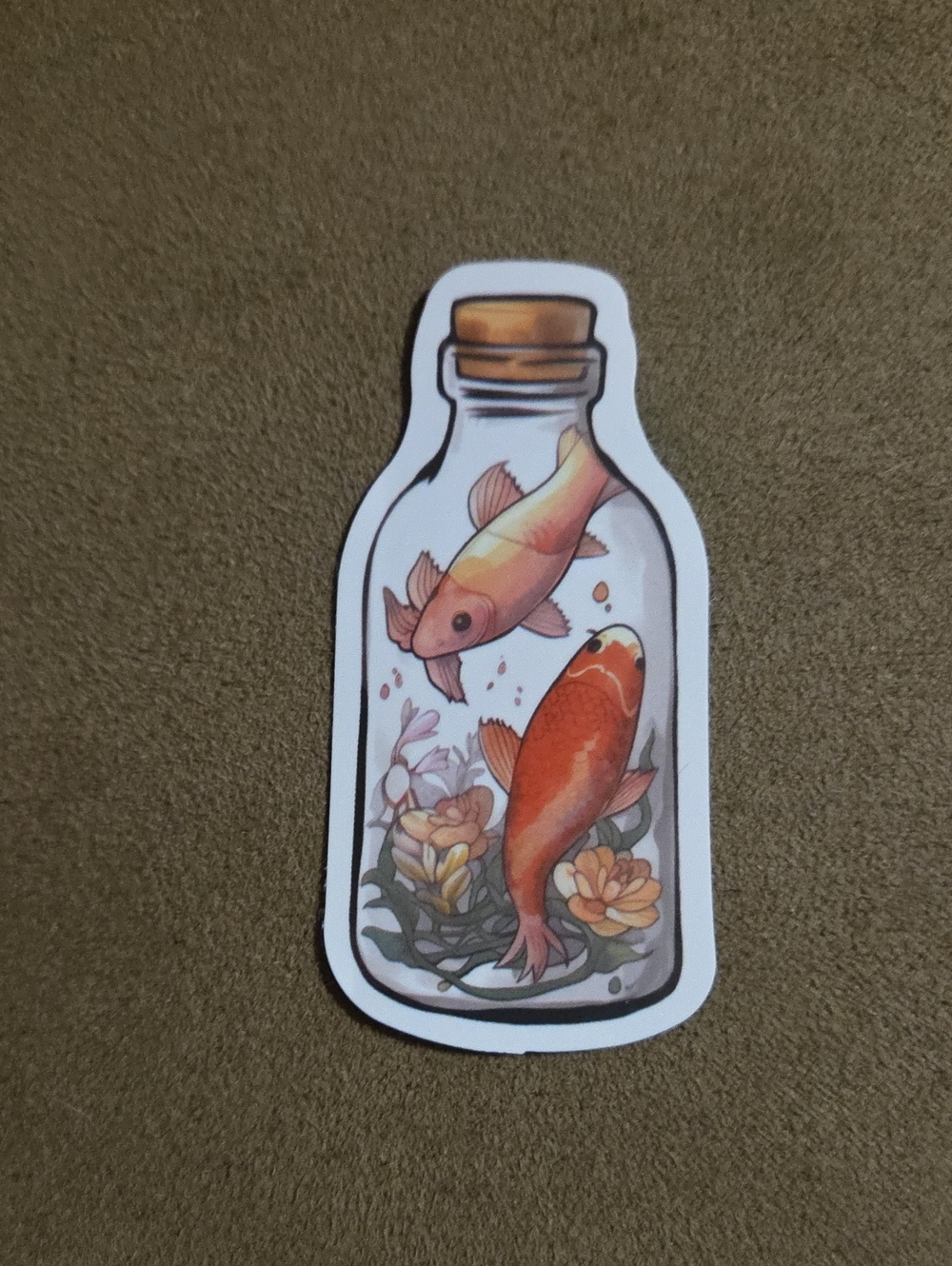 Vinyl Sticker - Koi Fish Swimming over Water Lilies in a Bottle